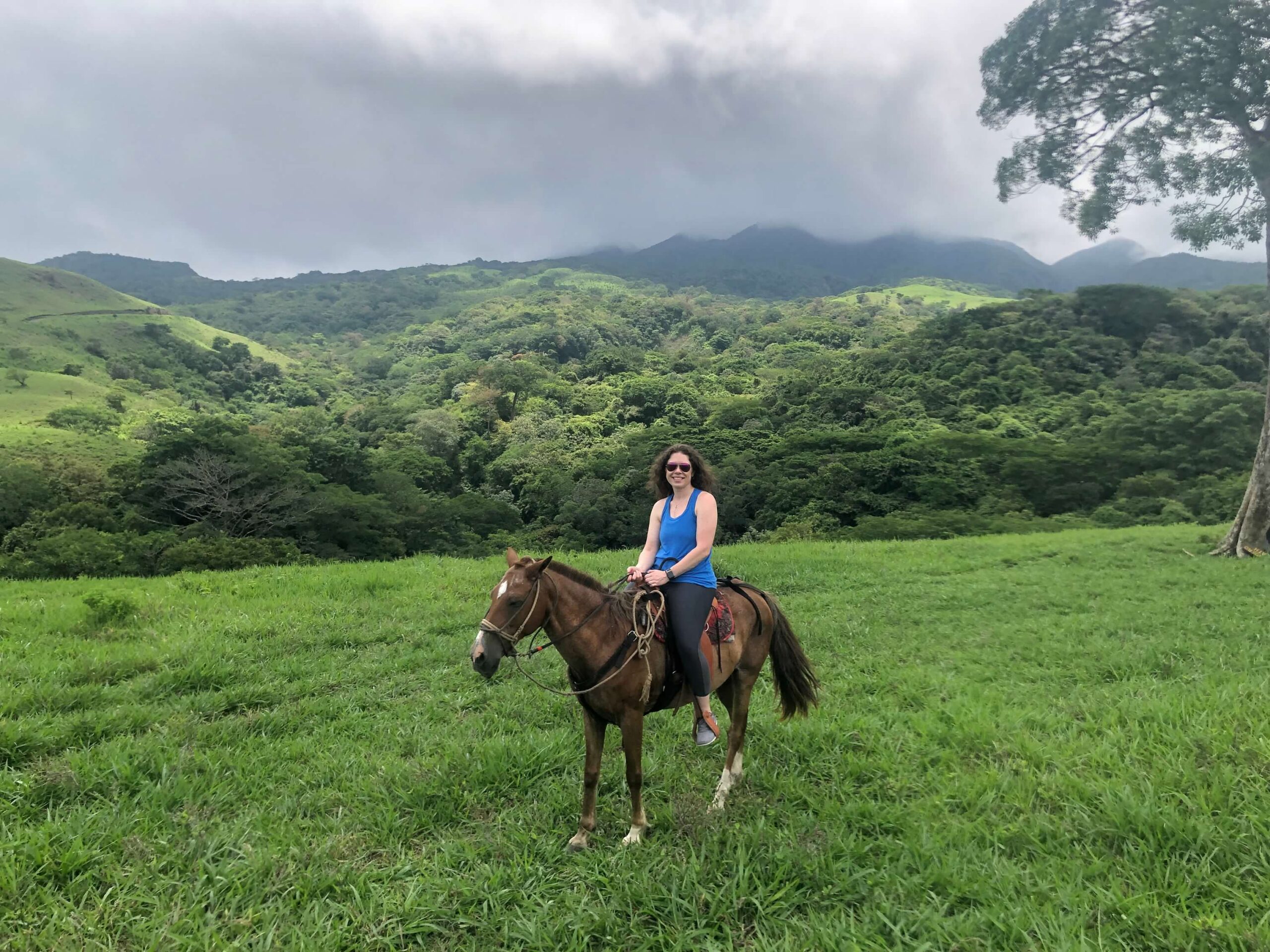 Female sitting on a horse with mountains covered with greenery behind them.