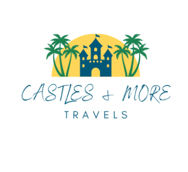 Castles and More Travels Logo with a sun setting behind a castle and palm trees on both sides. The words Castles and More Travels is written under the logo.